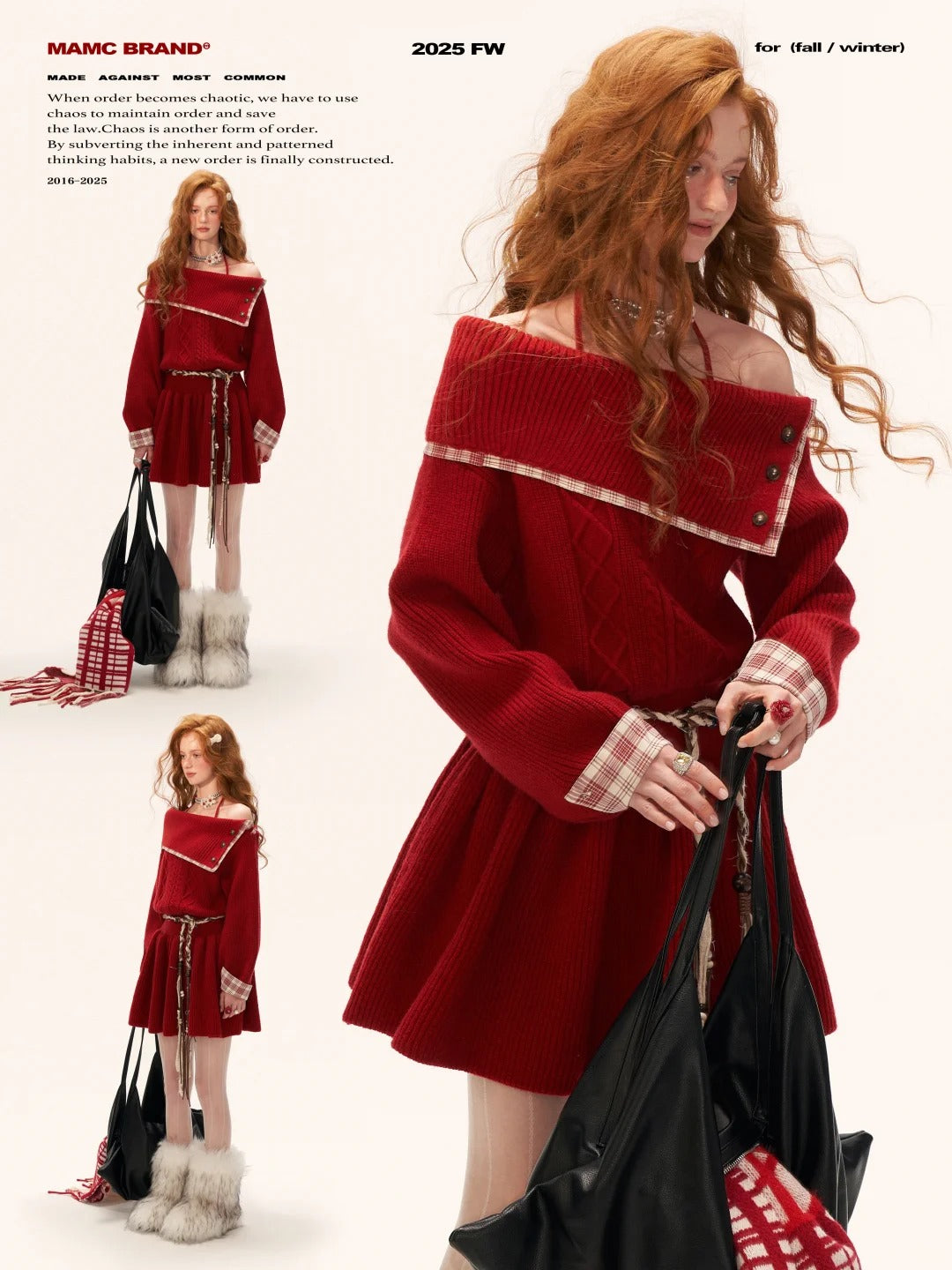 Red Plaid Off-Shoulder Knit Dress WE724
