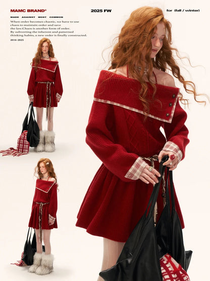 Red Plaid Off-Shoulder Knit Dress WE724