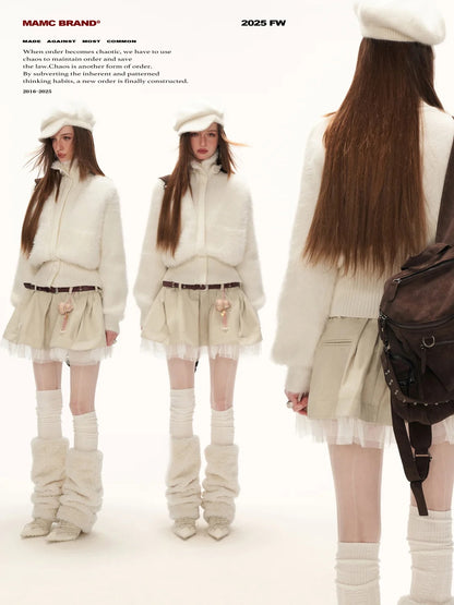 MAMC - White Wing-Detail Turtleneck Zip-Up Knit Sweater WE914