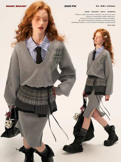 MAMC - Plaid Patchwork Knit Dress with Pleated Layered Apron Skirt WE812