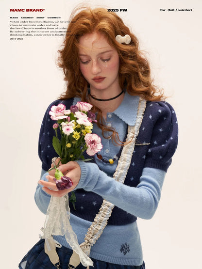MAMC - Vintage Crochet V-Neck Puff Sleeve Sweater WE837 - BLUE