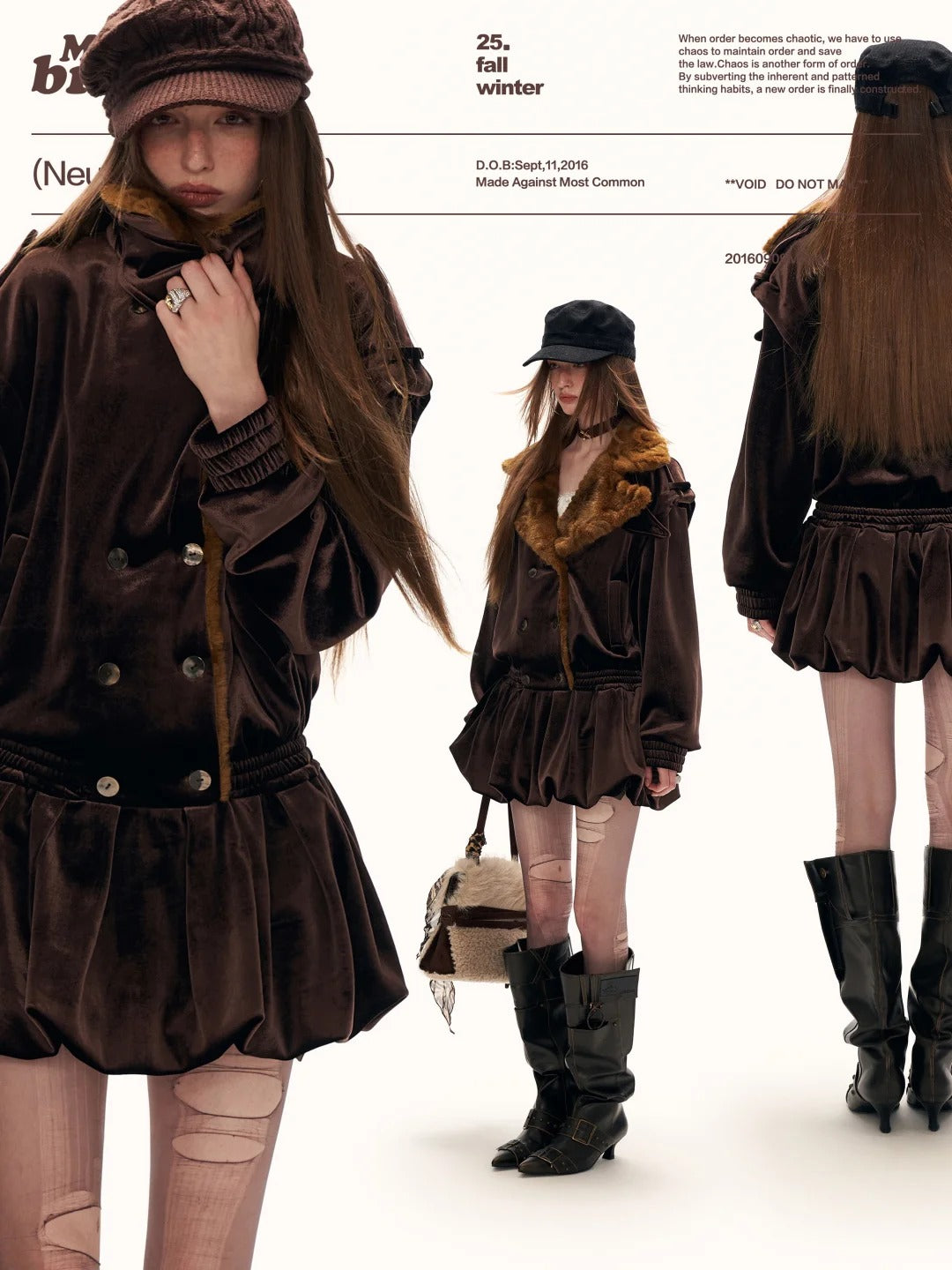 MAMC - Brown Bubble-Hem Faux Fur Panel Dress WE886