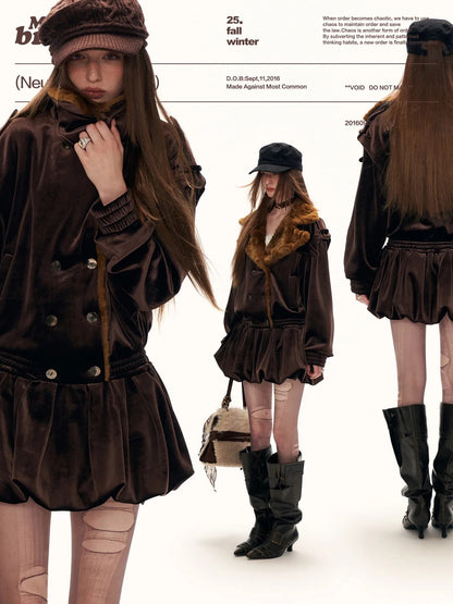 MAMC - Brown Bubble-Hem Faux Fur Panel Dress WE886