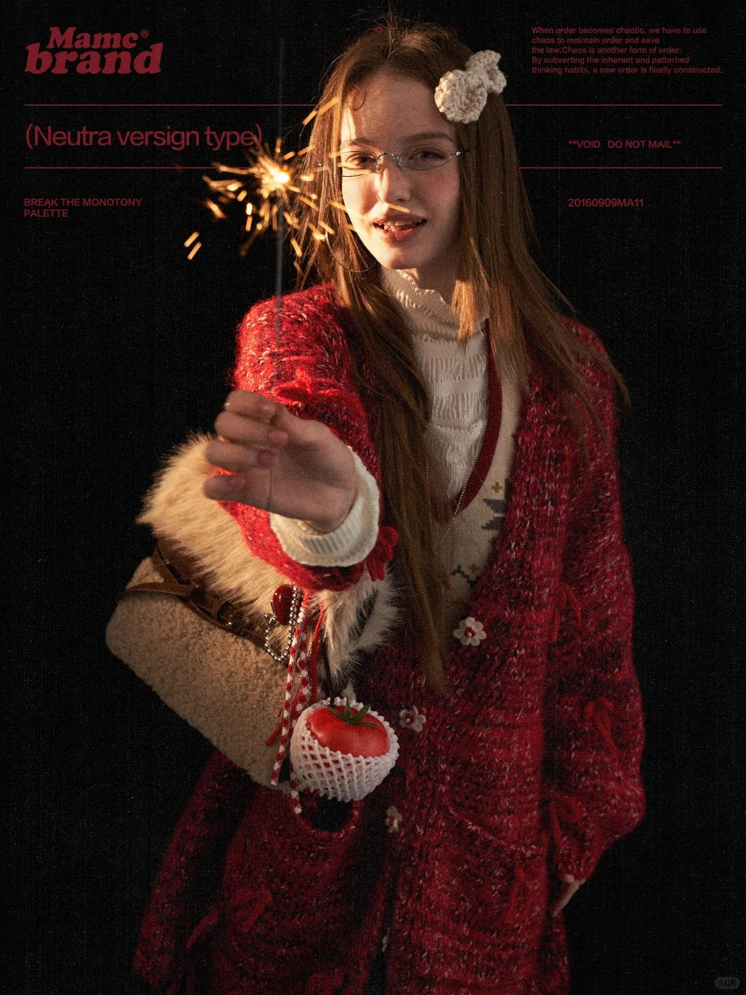 MAMC - Mid-Length Red Bow & Floral Knit Cardigan WE900