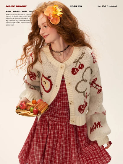White Knit Cardigan with Apple & Cherry Embroidery WE751