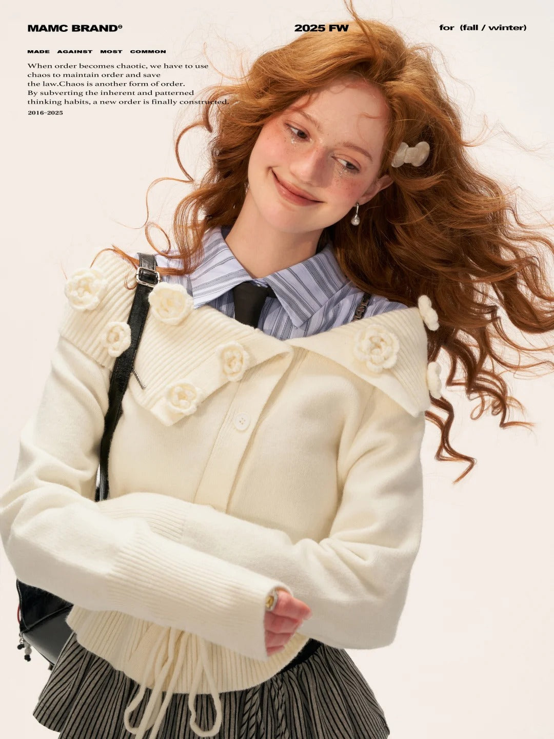 MAMC - Off-Shoulder Rose Button Knit Cardigan (Classic White)