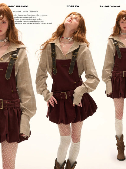 MAMC - Wine Red Corduroy Buckle Strap Mini Dress