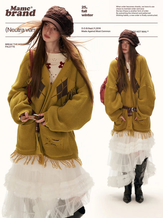 MAMC - Fringe-Appliqué Loose Knit Cardigan – Yellow WE811