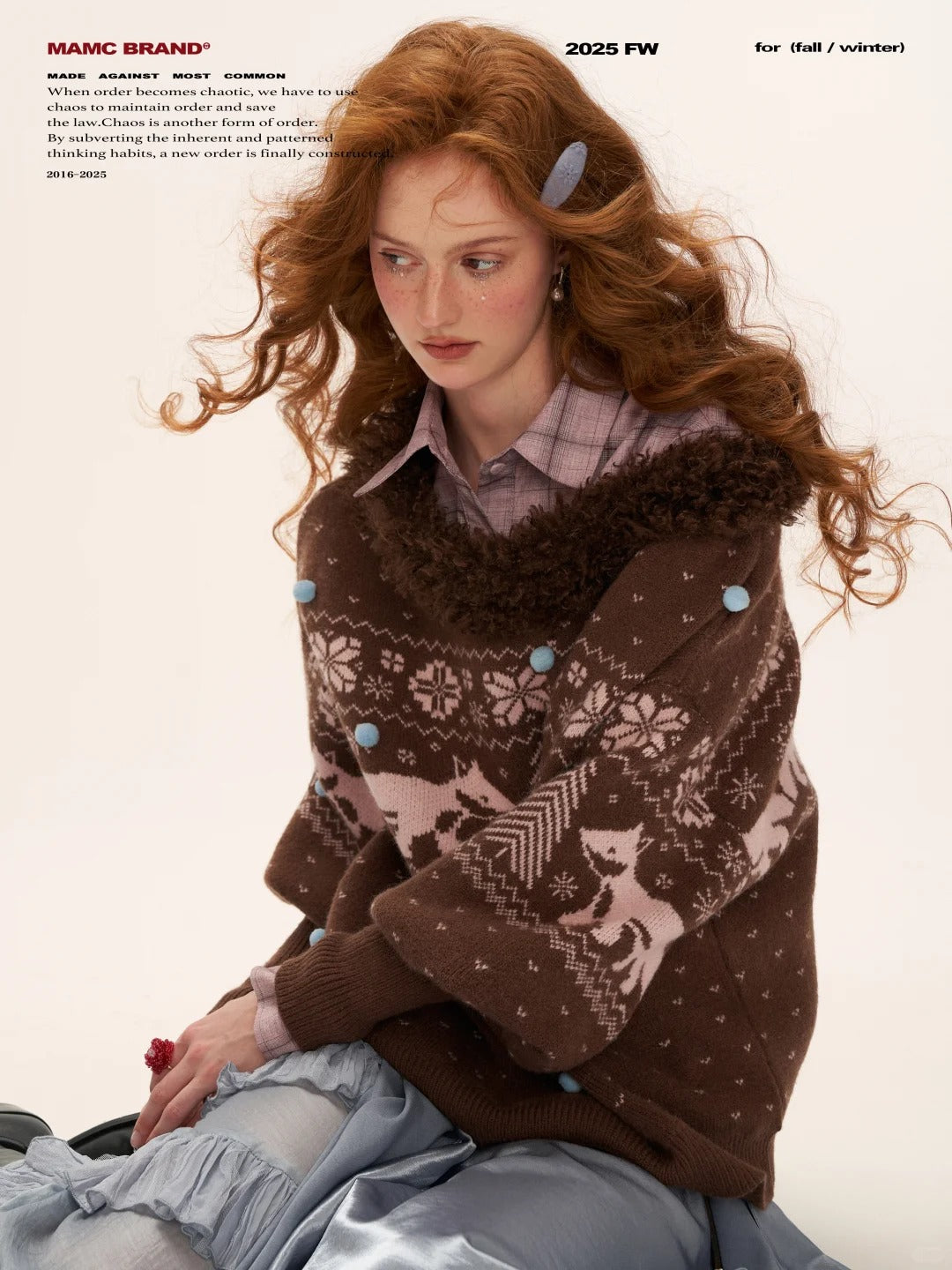 MAMC - Fox Fair Isle Deep V-Neck Oversized Sweater WE780 (Mocha)
