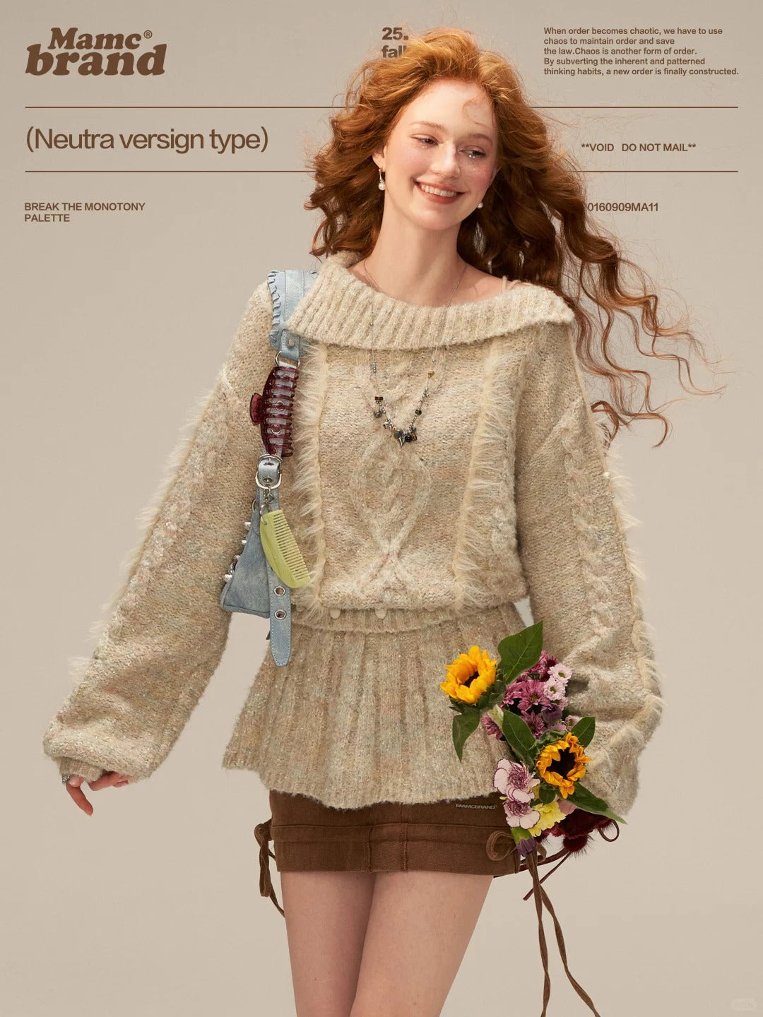 MAMC - Beige Cable Knit Tie-Waist Sweater WE835