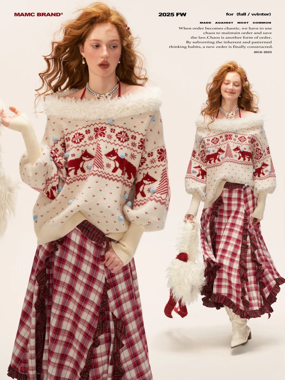 MAMC - Fox Fair Isle Deep V-Neck Oversized Sweater WE780 (Cream)