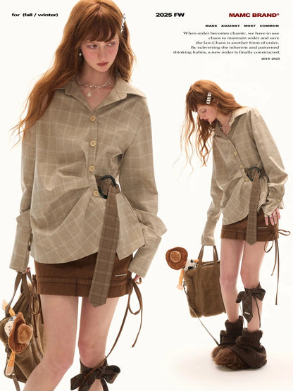MAMC - Taupe Houndstooth Ring-Belt Shirt – Cinched Waist Fall Streetwear Blouse