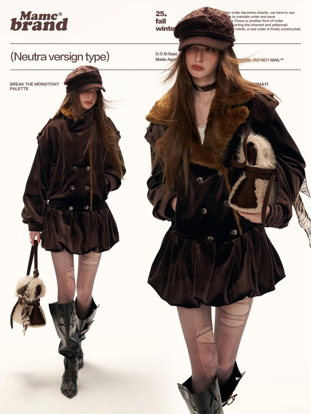 MAMC - Brown Bubble-Hem Faux Fur Panel Dress WE886