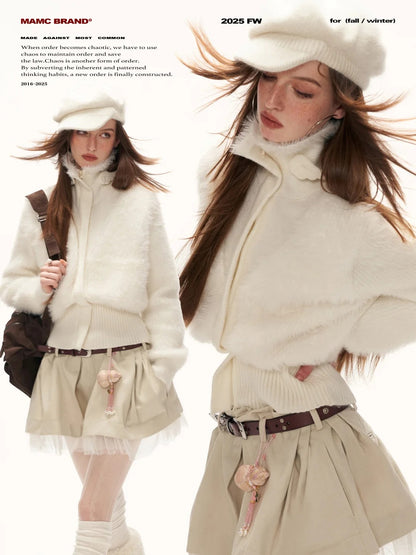 MAMC - White Wing-Detail Turtleneck Zip-Up Knit Sweater WE914