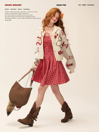 White Knit Cardigan with Apple & Cherry Embroidery WE751