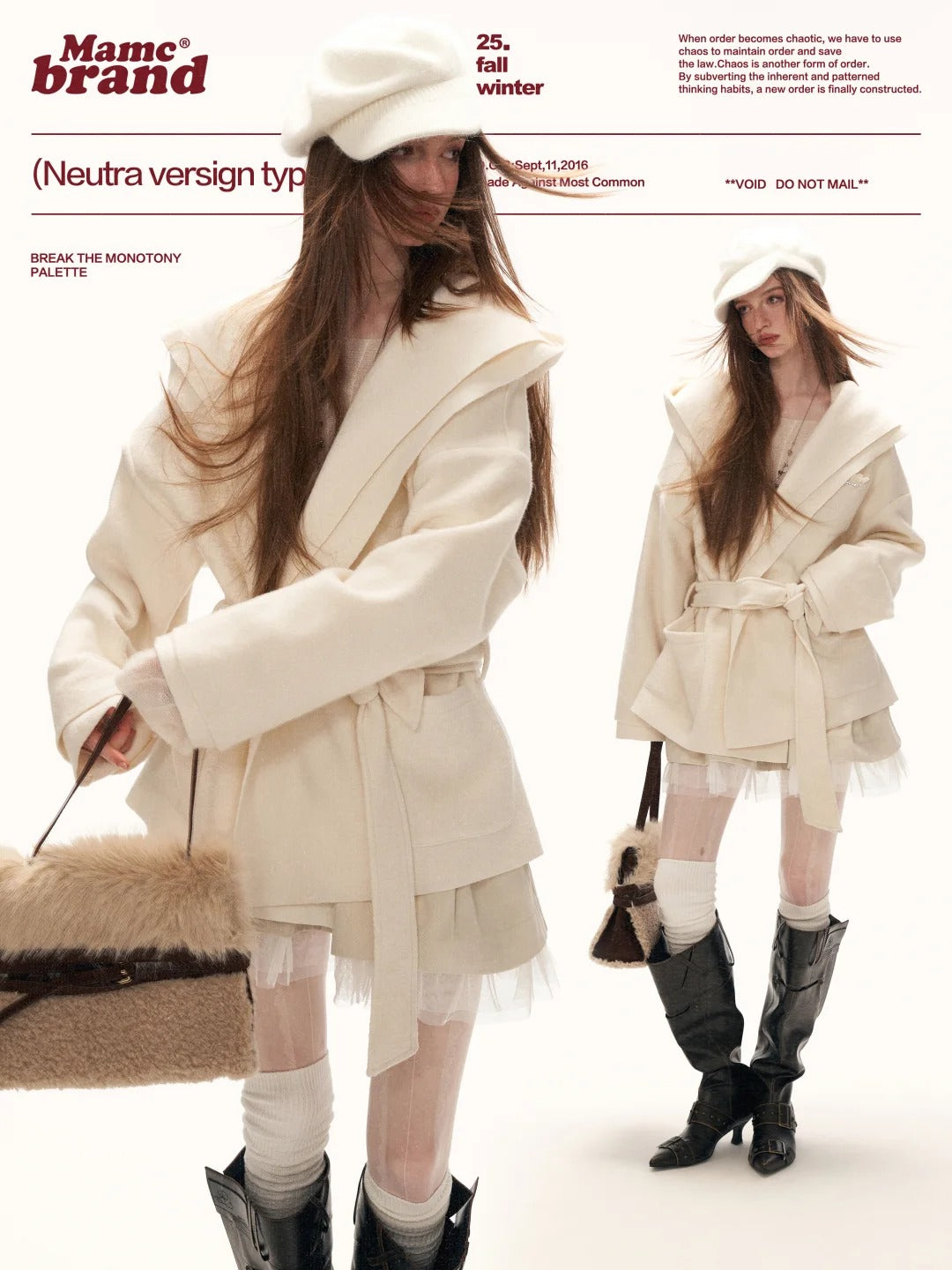 MAMC - White Double-Hood Wool Blend Tie Coat WE896