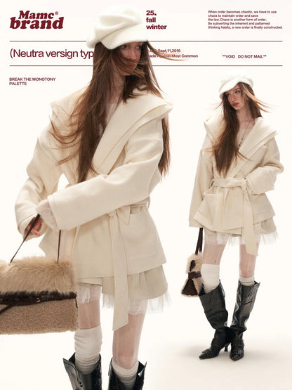 MAMC - White Double-Hood Wool Blend Tie Coat WE896