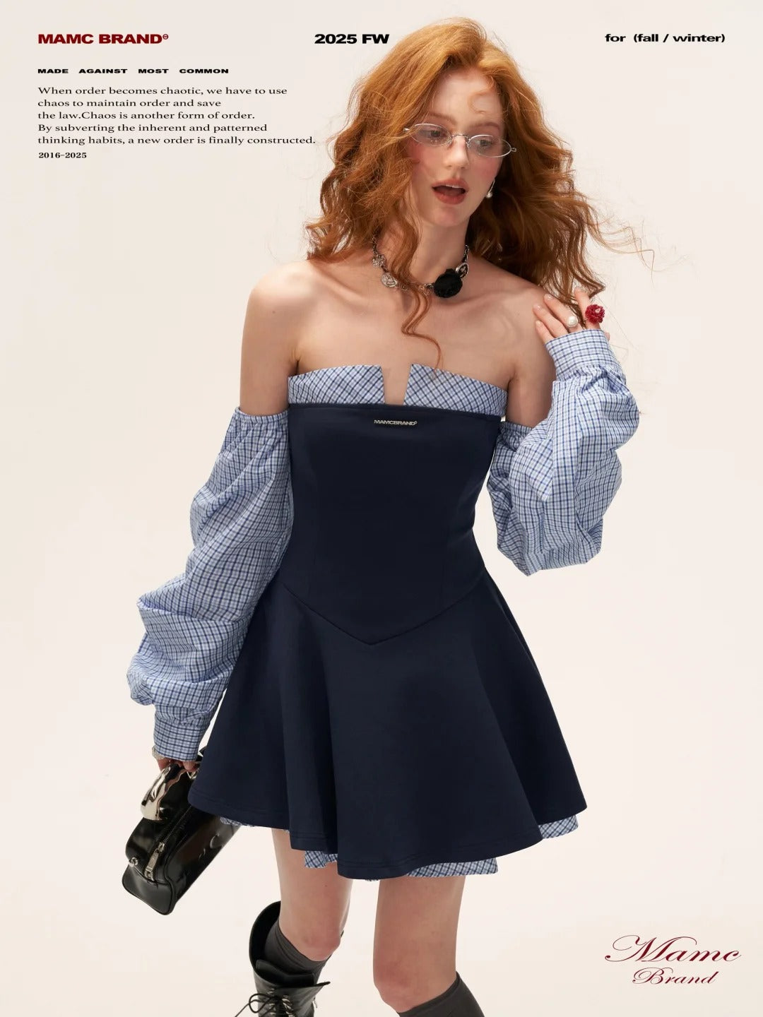 MAMC - Plaid Lantern Sleeve Corset Dress (Navy)
