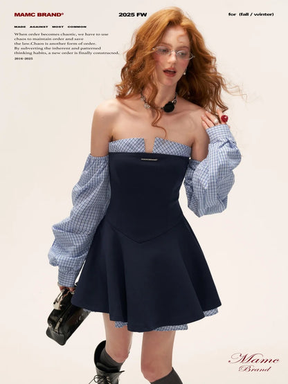 MAMC - Plaid Lantern Sleeve Corset Dress (Navy)