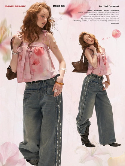 "Peach Bloom Mood" Bow Cami & Midi Skirt Set WE906