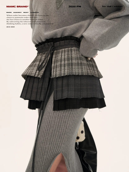 MAMC - Plaid Patchwork Knit Dress with Pleated Layered Apron Skirt WE812