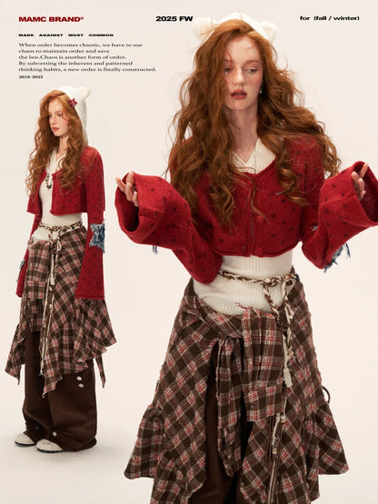 MAMC - Star Patch Cropped Knit Cardigan (Wine Red)