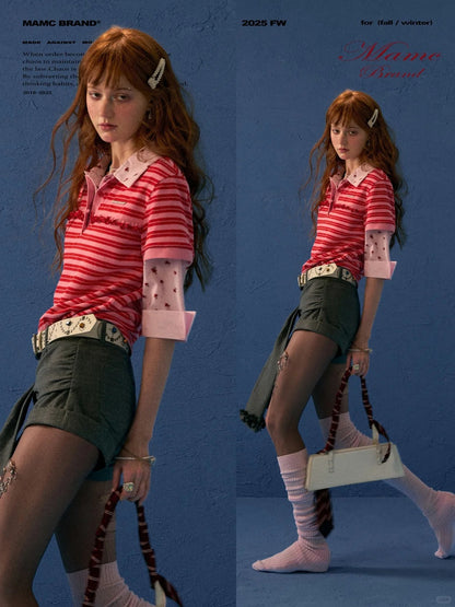 MAMC - Red Striped Layered-Look Polo Tee