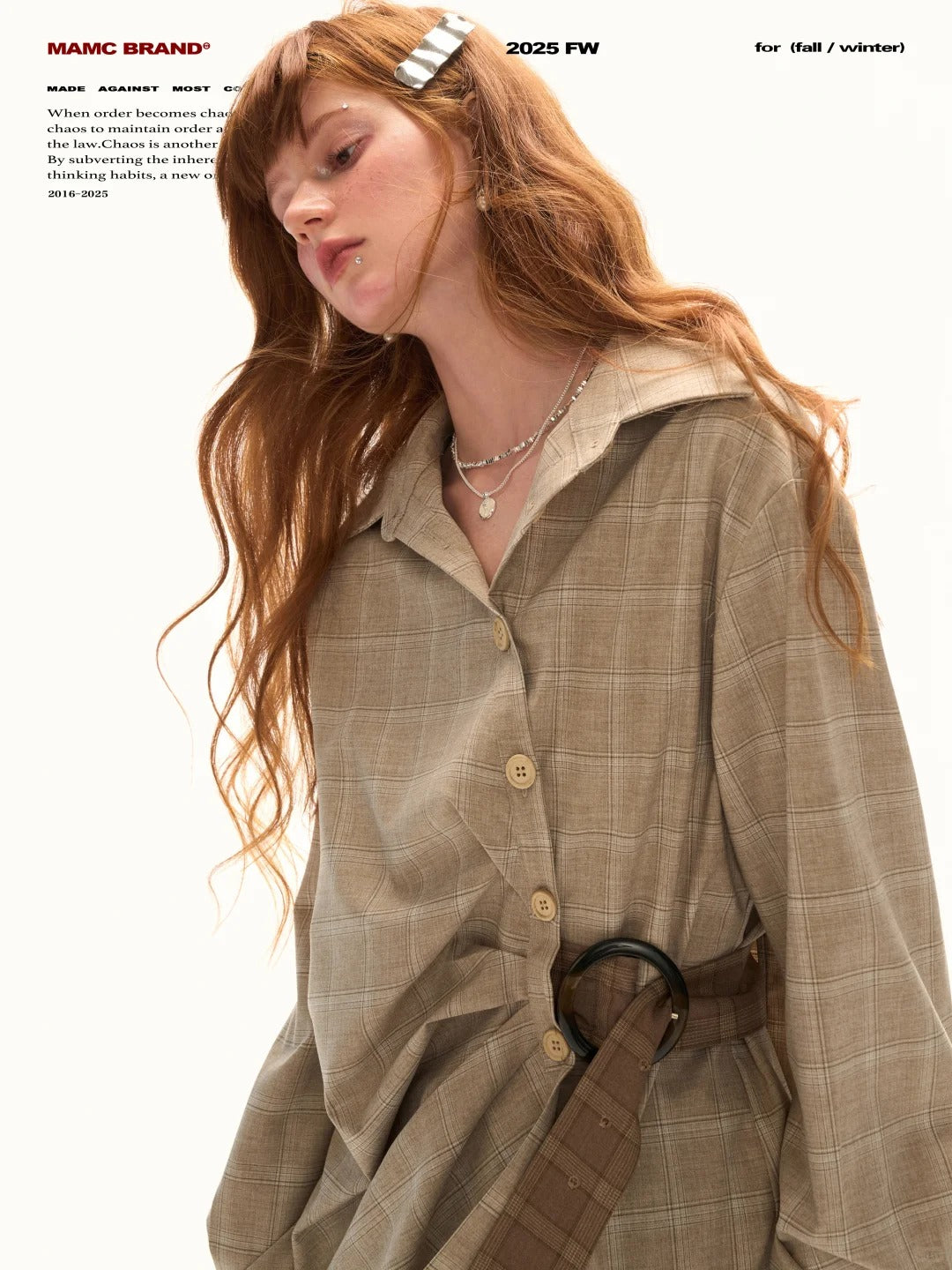 MAMC - Taupe Houndstooth Ring-Belt Shirt – Cinched Waist Fall Streetwear Blouse
