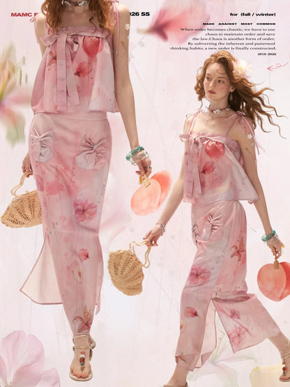 "Peach Bloom Mood" Bow Cami & Midi Skirt Set WE906