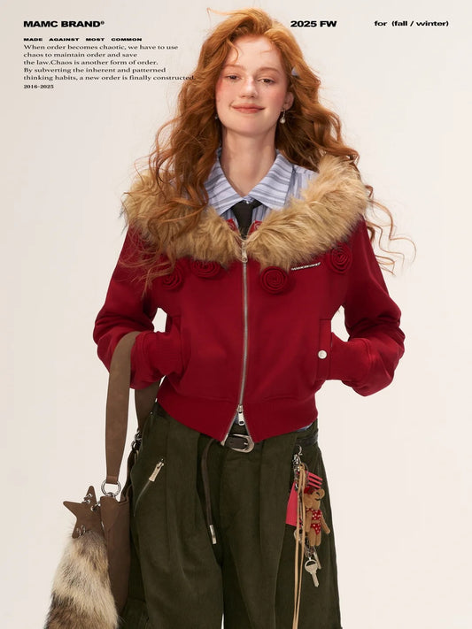 MAMC - Asymmetrical Shoulder Detachable Fur Collar Floral Jacket WE762 - RED