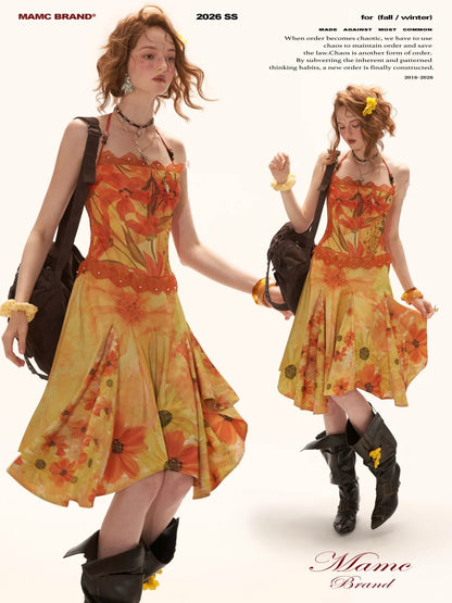 "Sunset Bloom Mood" Halter Floral Midi Dress WE933