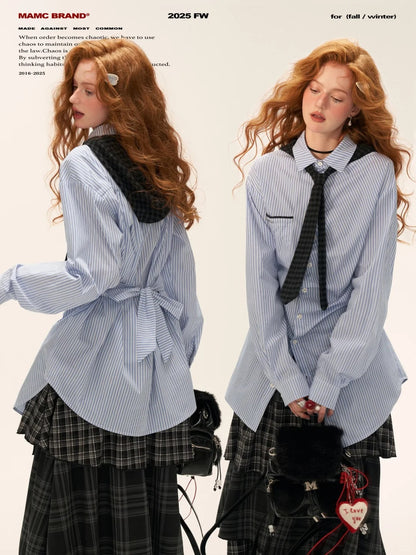 MAMC - Striped Long Sleeve Shirt with Tie (Blue Stripes)