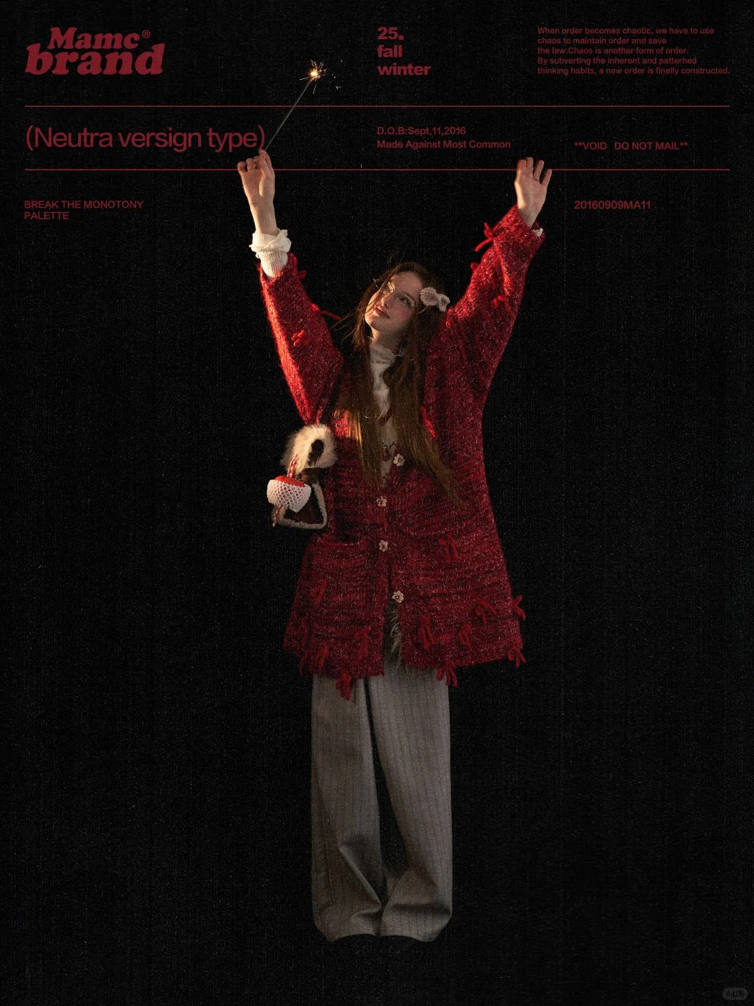 MAMC - Mid-Length Red Bow & Floral Knit Cardigan WE900