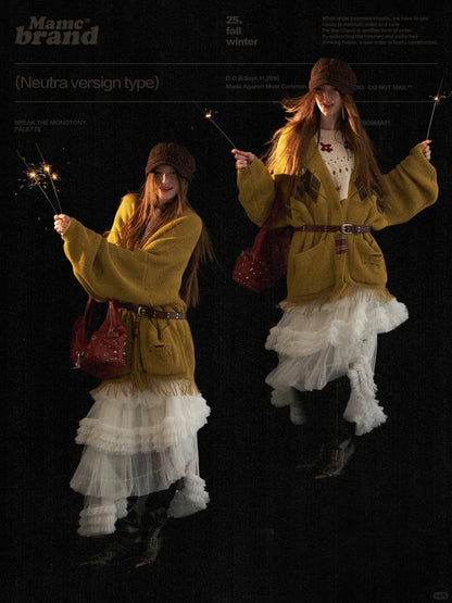 MAMC - Fringe-Appliqué Loose Knit Cardigan – Yellow WE811