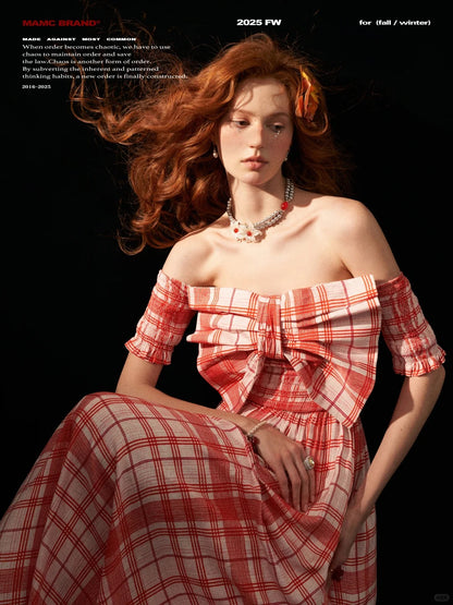 MAMC - Red Plaid Bow Maxi Dress – Off-Shoulder Waist-Cinched Vacation Outfit