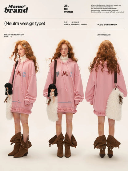 MAMC - Plaid Patch Embroidered Hoodie Dress WE808 - PINK