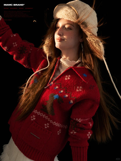 MAMC - Cozy Snowflake Bunny Knit Cardigan – Red WE873