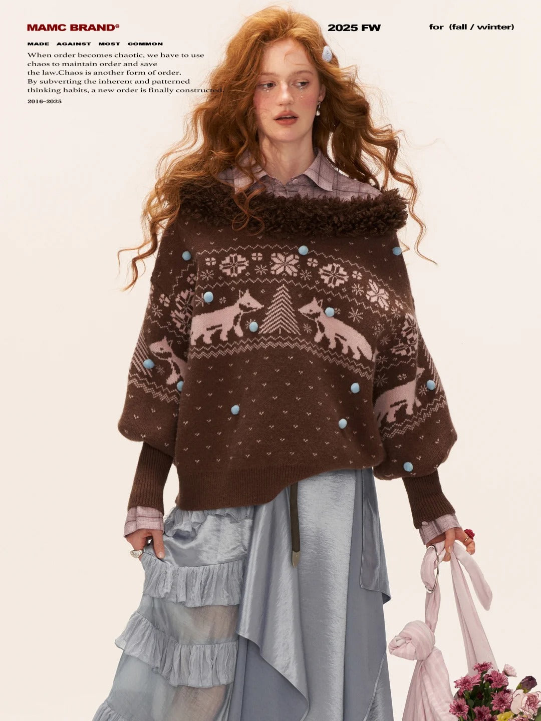 MAMC - Fox Fair Isle Deep V-Neck Oversized Sweater WE780 (Mocha)