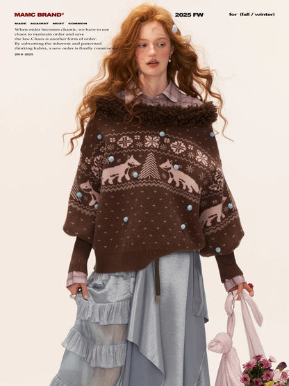 MAMC - Fox Fair Isle Deep V-Neck Oversized Sweater WE780 (Mocha)