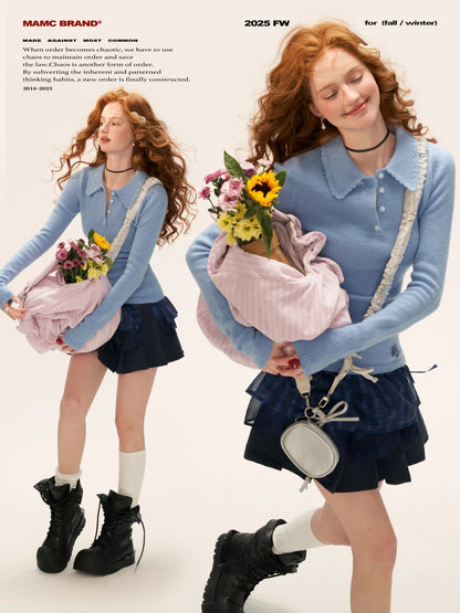 MAMC - Vintage Crochet V-Neck Puff Sleeve Sweater WE837 - BLUE