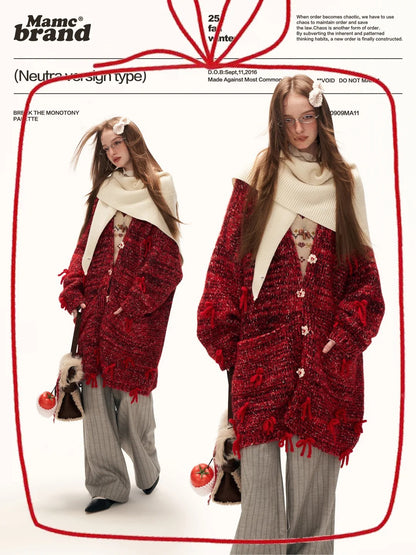 MAMC - Mid-Length Red Bow & Floral Knit Cardigan WE900