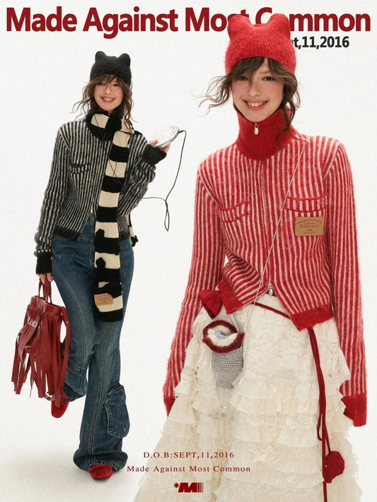 MAMC - Fuzzy Zip-Up Striped Hoodie Cardigan