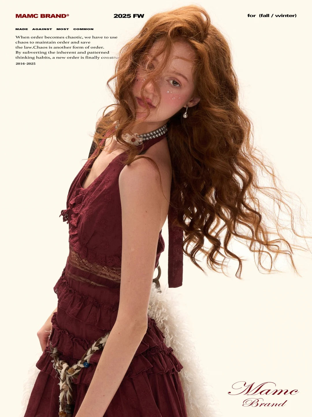 MAMC - Rosalie Lace-Tiered Halter Mini Dress (Wine Red)