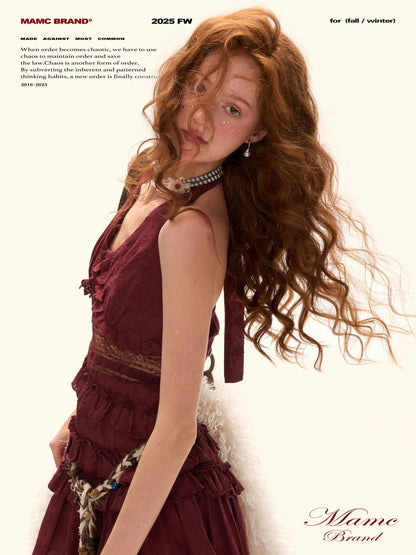 MAMC - Rosalie Lace-Tiered Halter Mini Dress (Wine Red)