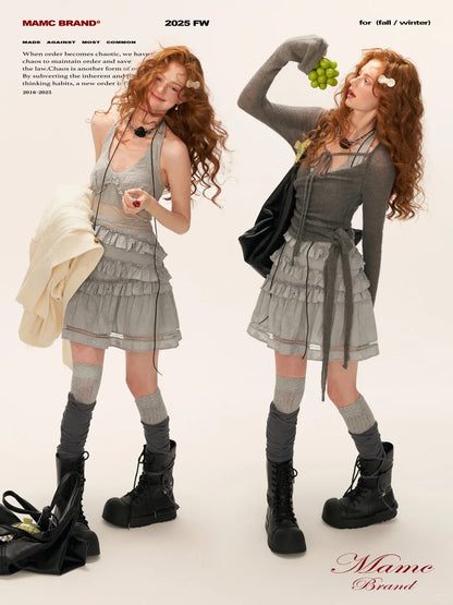 MAMC - Rosalie Lace-Tiered Halter Mini Dress (Silver Grey)