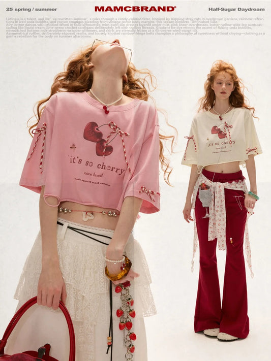 MAMC - Cherry Bow Tie Loose Crop Tee – Summer Sweet & Playful