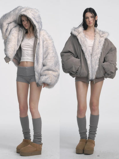 Muirgen - Frostbyte Faux Fur Bomber — Dual-Sided Suede Streetwear Jacket