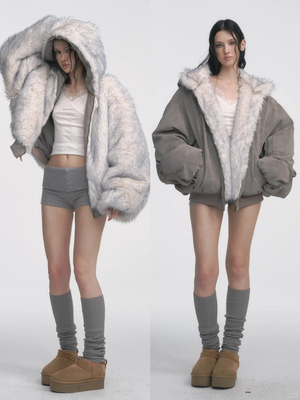 Muirgen - Frostbyte Faux Fur Bomber — Dual-Sided Suede Streetwear Jacket