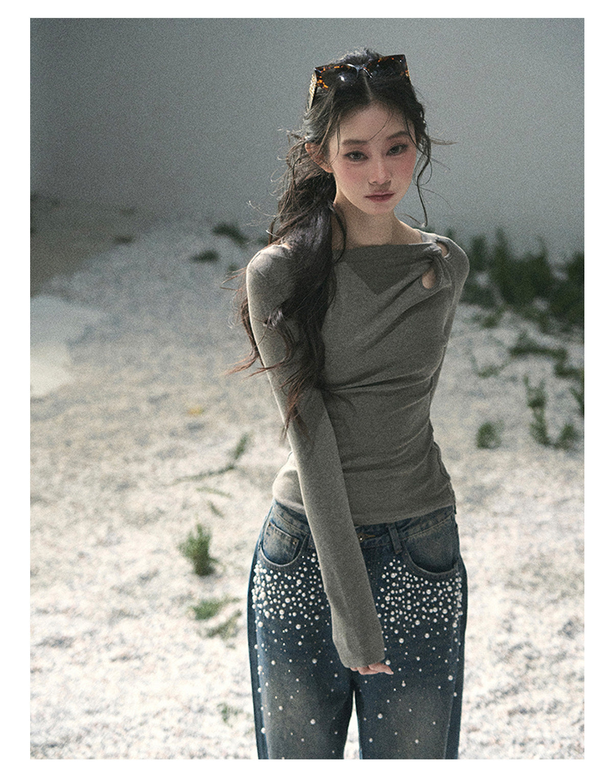 “Silent Verse” Ash Gray Asymmetrical Twist Top