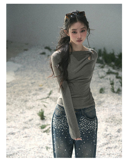 “Silent Verse” Ash Gray Asymmetrical Twist Top